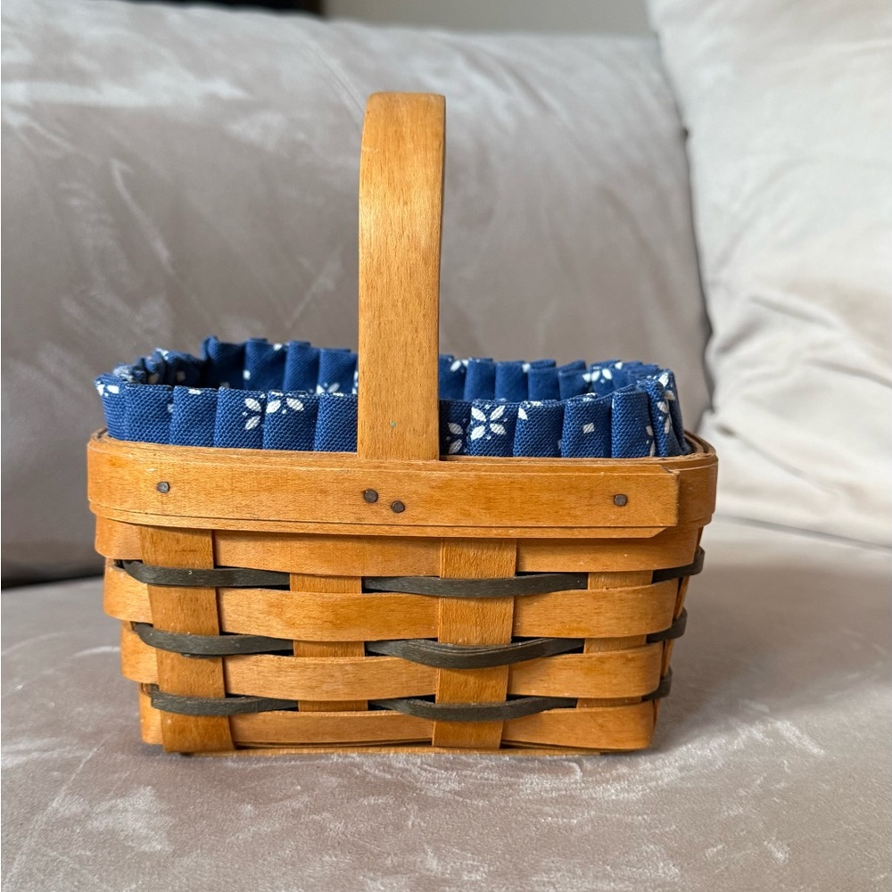 Longaberger Handcrafted Wooden Basket with Blue Lining and Plastic Liner